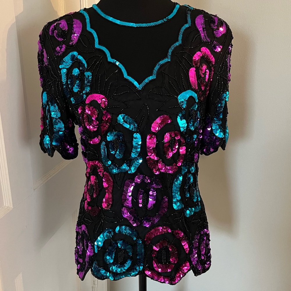 💜 Vintage Leslie Fay Sequins Shirt, Size Large